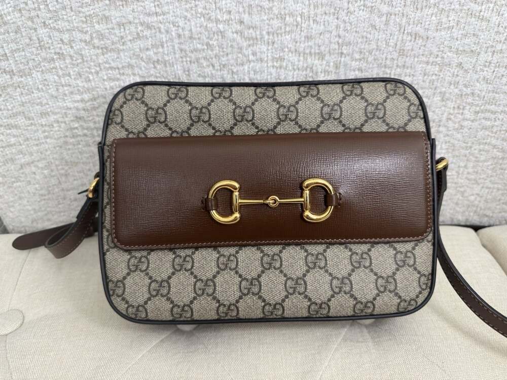 Gucci GG Monogram Crossbody Bag Zip Beige Brown Gold HW Small w/ Dust Bag